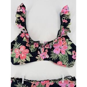 True Craft Tropical Floral Ruffle Bikini Top Pink Black Large
